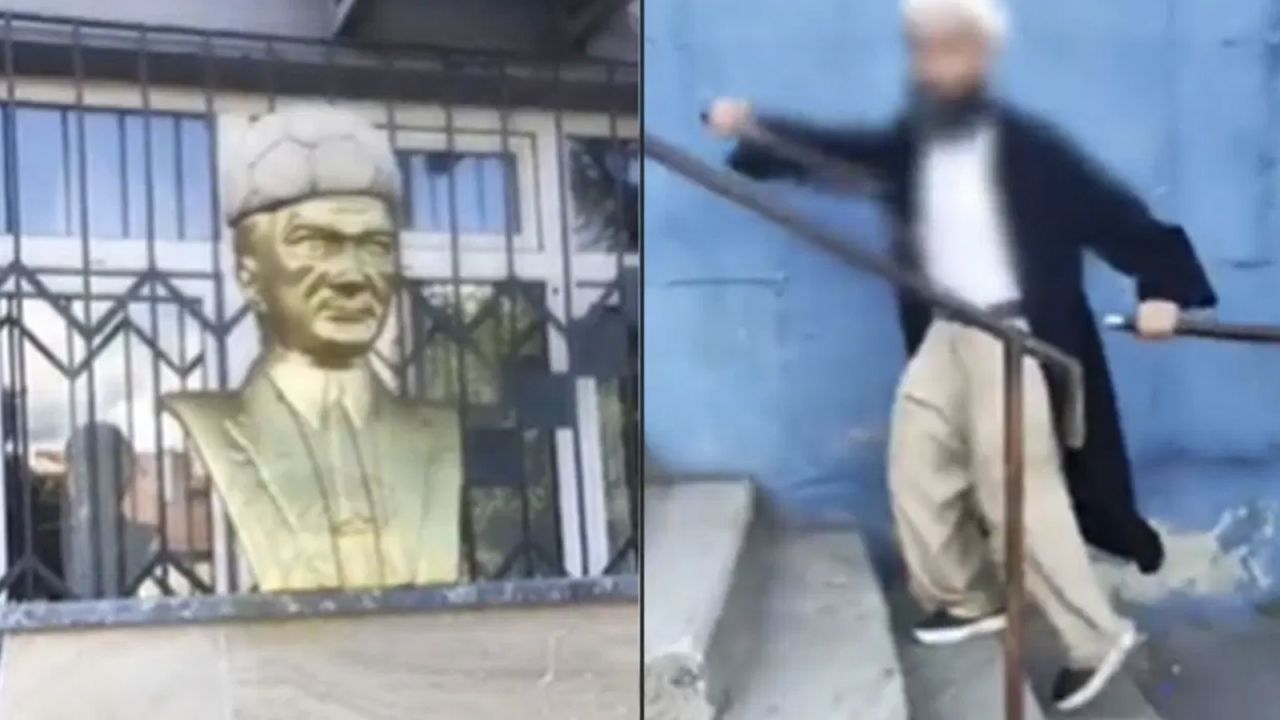Cübbeli Ve Sarıklı Şahıs Atatürk Büstüne Saldırdı: "2-3 Sene Sonra Bu Heykellerini Balyozla Kıracağız"
