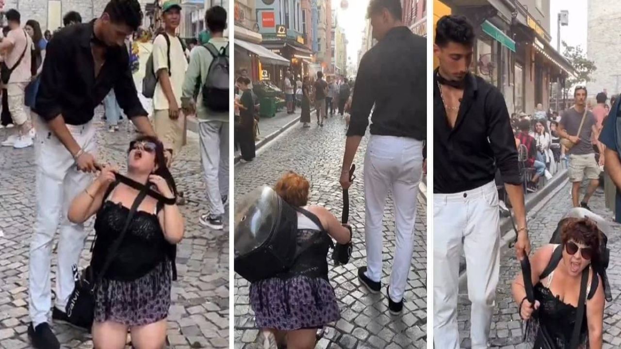 Beyoğlu'nda Tepki Çeken Olay: Kadına Tasma Takıp Sokakta Dolaştıran Kişi Gözaltına Alındı